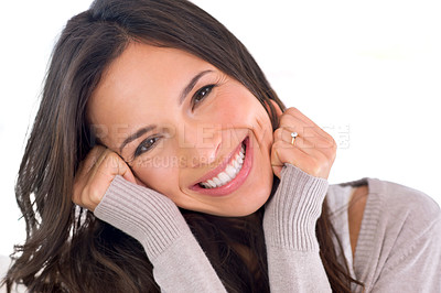 Buy stock photo Relax, natural skincare or portrait of happy woman with white background, wellness or beauty results. Face, studio or confident female person with smile, glow or smooth skin with cosmetic dermatology
