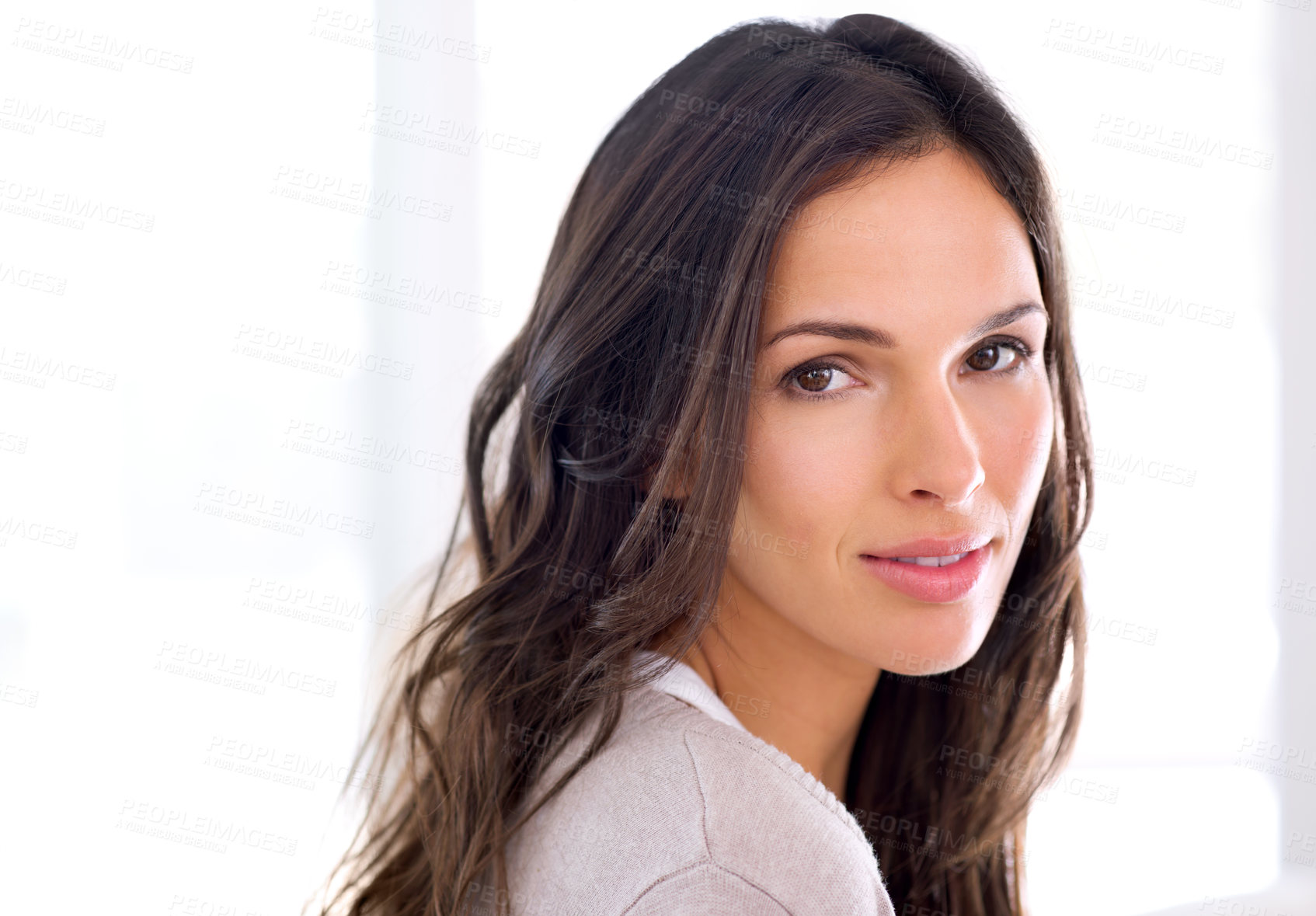 Buy stock photo Portrait, woman and home with smile to relax, on break, chill and satisfied with me time on holiday. House, female person and leisure for rest in living room with day off, cosy and enjoy vacation