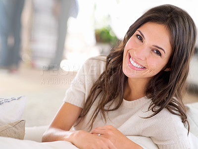 Buy stock photo Portrait, smile and relax with woman on sofa in living room of home for weekend break or leisure. Face, cheerful or carefree with happy young person on couch in lounge of apartment for free time