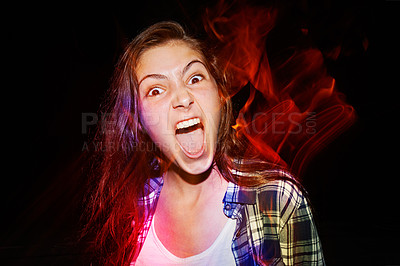 Buy stock photo Portrait, screaming and teenage girl with fireworks, excited and New Years party on dark studio background. Face, person and model with fun and shouting with emotion and expression with weekend break