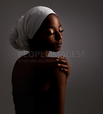 Buy stock photo Beauty, relax and black woman in dark studio with head scarf, skincare and pride in culture. Cosmetics, skin glow and face of African model with dermatology, makeup and girl on grey background