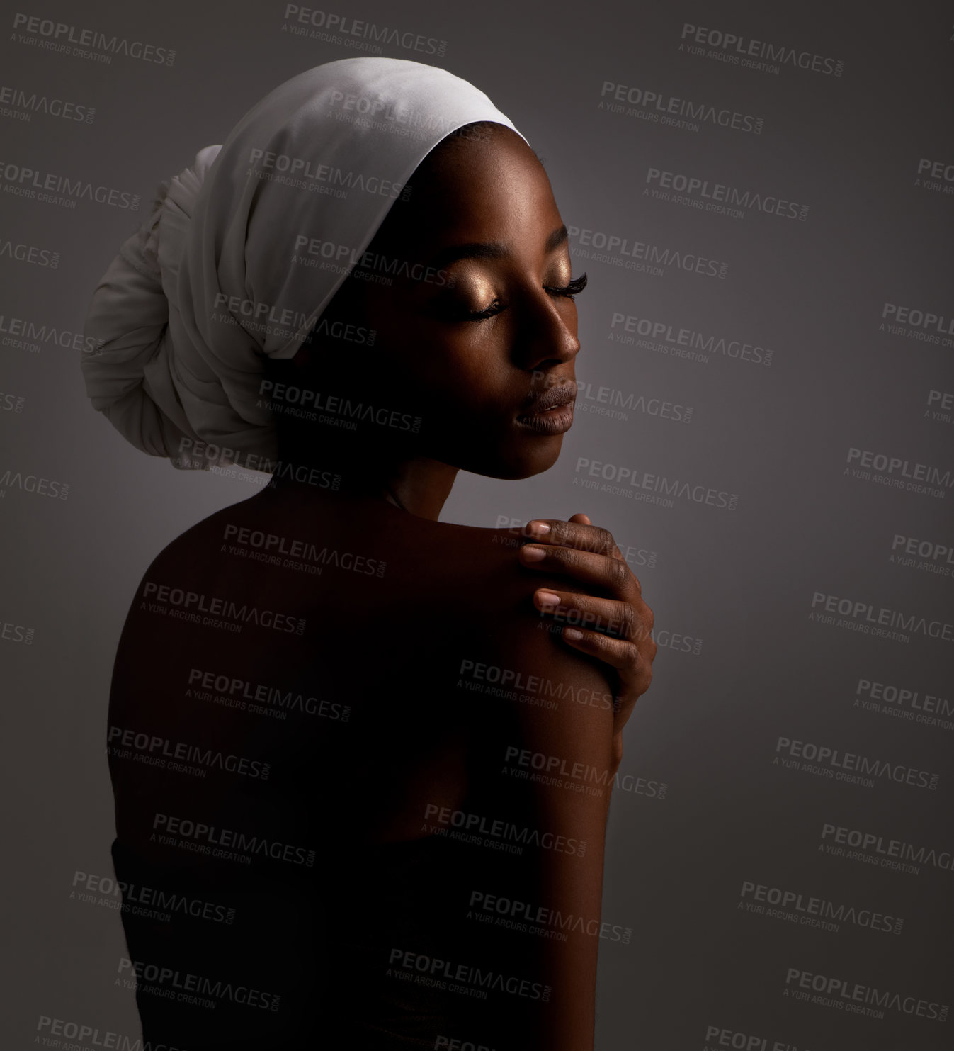 Buy stock photo Beauty, relax and black woman in dark studio with head scarf, skincare and pride in culture. Cosmetics, skin glow and face of African model with dermatology, makeup and girl on grey background