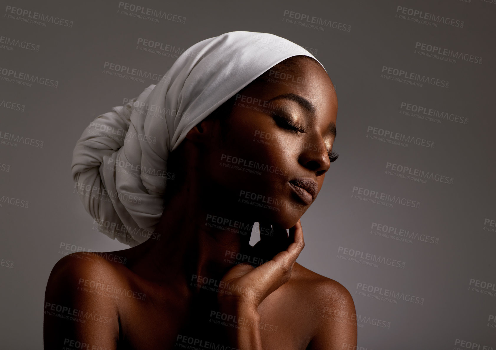 Buy stock photo Beauty, cosmetics and black woman in dark studio with head scarf, skincare and pride in culture. Relax, skin glow and face of African model with dermatology, turban and girl on grey background