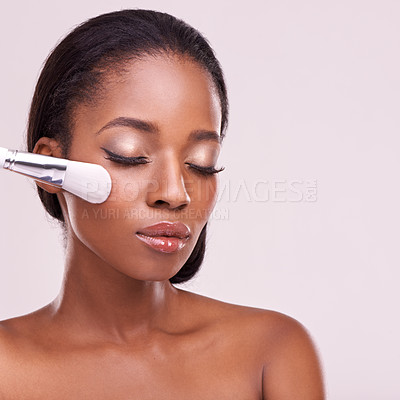 Buy stock photo Cosmetics, makeup brush and black woman with mockup in studio with foundation tool. Skincare, blush and cosmetic facial skin care, African beauty model with luxury product on pink background.