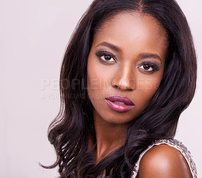 Buy stock photo Makeup, face and beauty of a black woman in studio for cosmetics, eyelash or hair extension. Headshot of african female model on a pink background for facial skin glow and luxury or glamour aesthetic