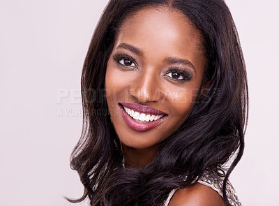 Buy stock photo Makeup, face of happy black woman and in studio backdrop. Beauty facial treatment, skincare or dermatology and cosmetics for self care with female model with glow or shine in background.
