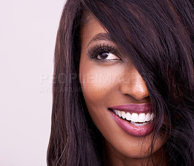 Buy stock photo Face, hair and beauty of black woman in studio for makeup, human extension or cosmetics. Headshot of happy african female model on pink background thinking of dental care, glow or luxury skincare