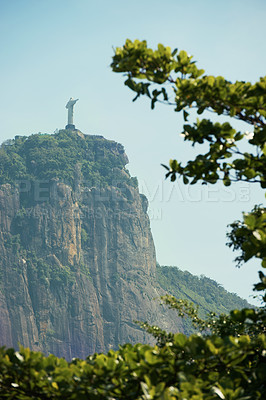 Buy stock photo Brazil, monument and Christ the Redeemer on mountain for tourism, sightseeing and travel destination. Traveling, global architecture and statue, sculpture and city landmark on Rio de Janeiro on hill