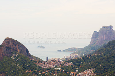 Buy stock photo Brazil, landscape and aerial of city in mountain for traveling destination, holiday and global vacation. Travel, Rio de Janeiro and view of cityscape by ocean for tourism, sightseeing and background