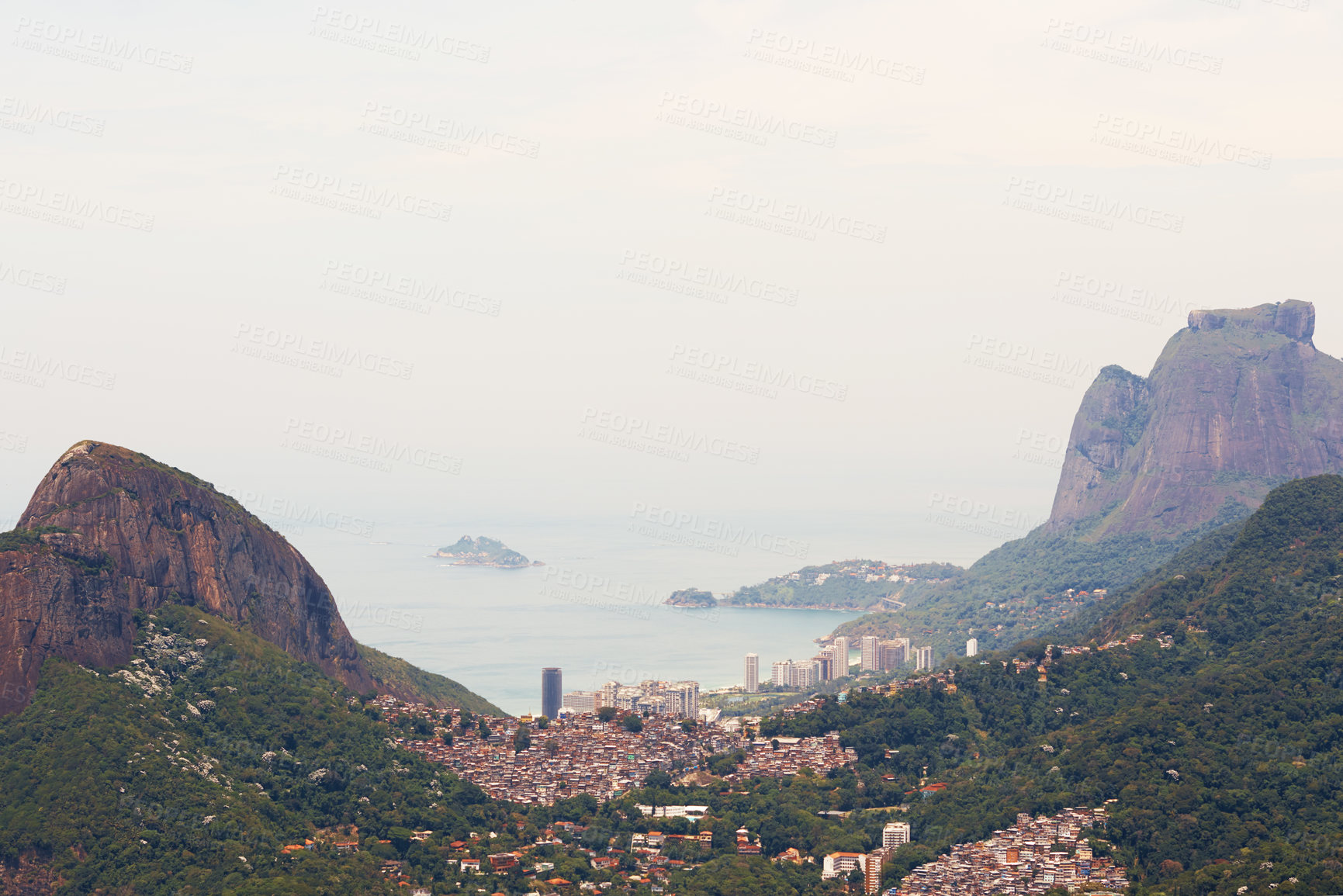 Buy stock photo Brazil, landscape and aerial of city in mountain for traveling destination, holiday and global vacation. Travel, Rio de Janeiro and view of cityscape by ocean for tourism, sightseeing and background