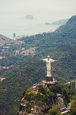 Buy stock photo Landscape, statue and aerial of Christ the Redeemer on hill for tourism, sightseeing and travel destination. Traveling, Rio de Janeiro and view of monument, sculpture and city landmark on mountain