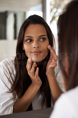 Buy stock photo Woman, check skin in mirror and beauty with morning routine, acne and cosmetic care at home. Skincare, wellness and dermatology with facial glow, reflection and grooming for hygiene in bathroom