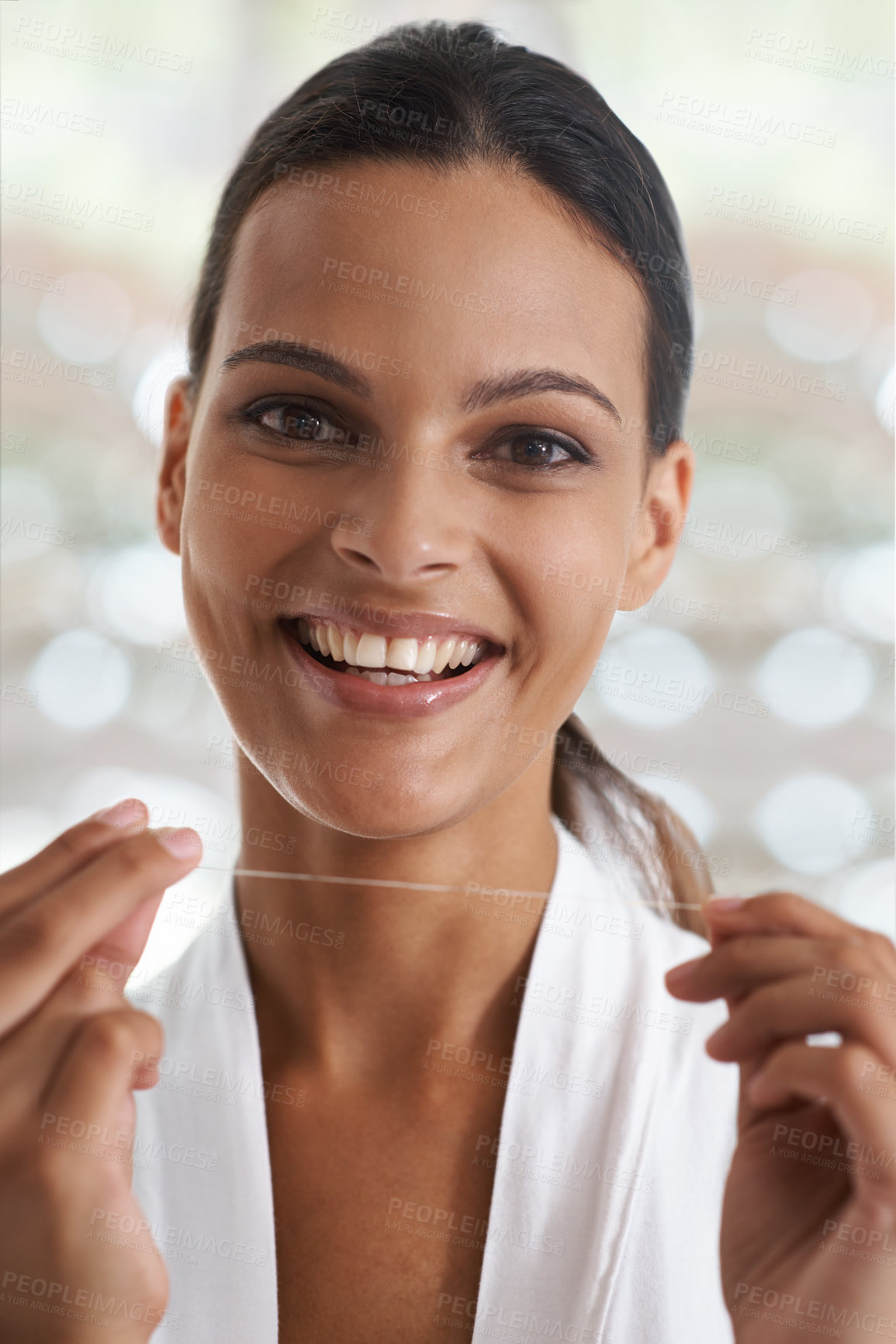 Buy stock photo Woman, teeth and smile with floss, self care and portrait for health in bathroom. Person, cleaning and healthcare for dental, oral hygiene and routine at home or house with dentistry and whitening