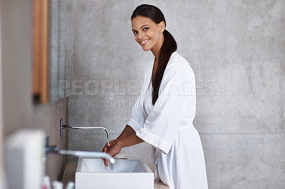 Buy stock photo Woman, portrait and washing hands in bathroom with hygiene, skincare and germ protection at home or hotel. Young person with water in tap, soap product and cleaning of bacteria or wellness at basin
