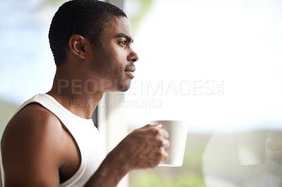 Buy stock photo Black man, window and thinking with coffee for morning, start or ambition in dream or vision at home. Face of African male person in wonder or thought with mug or cup of tea for breakfast on mockup