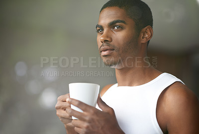 Buy stock photo Black man, thinking and morning with coffee for breakfast start or ambition on bokeh background at home. Face of young African or male person in wonder, thought or relax with mug, cup or tea at house