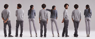 Buy stock photo Man, woman and collage in studio fashion, trendy or edgy and cool or stylish outfits with pride. Black people, guy and female person on gray background for montage, unity and rearview confidence