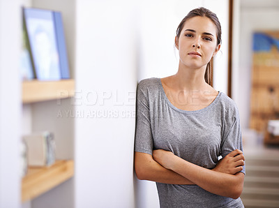Buy stock photo Portrait, woman and home with confidence on break for  leisure in living room with me time and serious. House, female person and relax for rest, calm and cosy for self care and wellness with peace. 