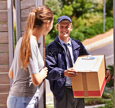 Buy stock photo Delivery, shipping and box with courier and woman at door for logistics, cargo and supply chain. Ecommerce, package and export with man and customer at home for distribution, freight and retail