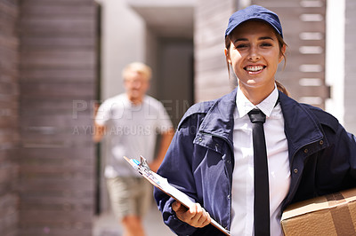 Buy stock photo Courier woman, box and clipboard in portrait at house for customer with smile for shipping in neighborhood. Girl, delivery and employee in supply chain, logistics and checklist for cardboard package