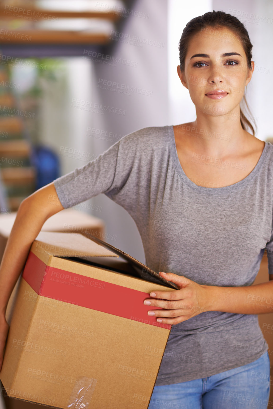 Buy stock photo Woman, home and confident with box for moving in new house for ownership, property and pack furniture. Apartment, female person and  satisfied with real estate, investment and future for growth.