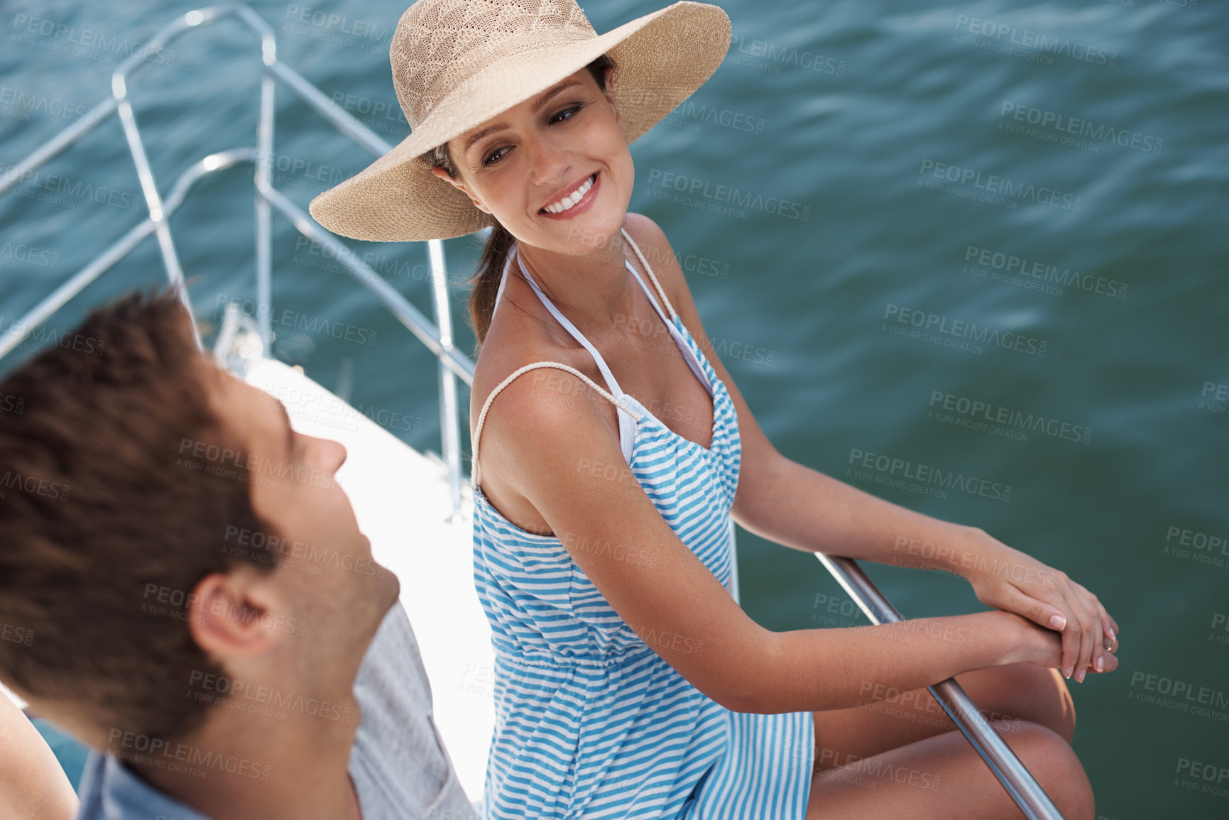 Buy stock photo Happy couple, boat and cruise for honeymoon, smile and vacation for international travel. Ocean, yacht and luxury on the water transportation, holiday and married people in Bora Bora for tourism 