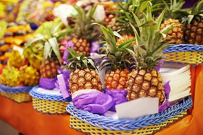 Buy stock photo Pineapple, fruit and fresh produce at farmer market, vitamins and healthy food for groceries. Retail, sales and merchandise of sweet tropical products, fiber and vitamin c from local producer