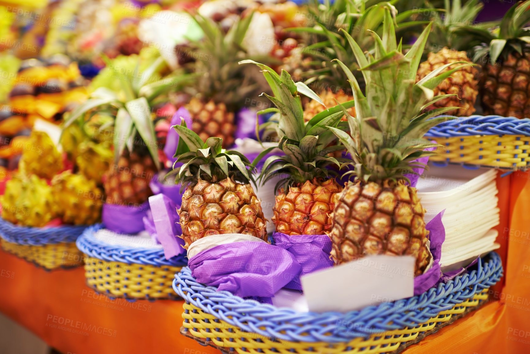 Buy stock photo Pineapple, fruit and fresh produce at farmer market, vitamins and healthy food for groceries. Retail, sales and merchandise of sweet tropical products, fiber and vitamin c from local producer