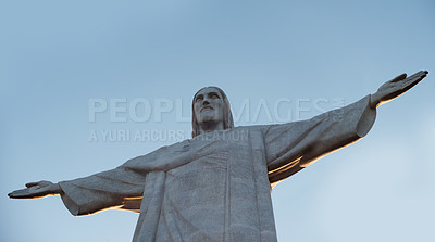 Buy stock photo Jesus christ, statue and sculpture for travel and christian faith for art or religion journey. Hands, history monument or peace symbol for tourism attraction and spiritual landmark in rio de janeiro