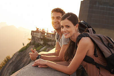 Buy stock photo Travel, bridge or happy couple on holiday with view for vacation memory, sunset or sightseeing in city. Love, tourism and romantic man with a woman for outdoor adventure in Rio de Janeiro, Brazil
