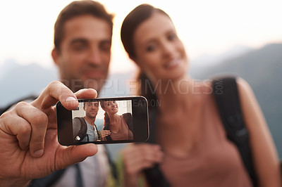 Buy stock photo Phone, selfie or happy couple on holiday for travel for memory, social media or sightseeing. Hiking picture, photo and man with a woman for outdoor adventure or tourism in Rio de Janeiro, Brazil 