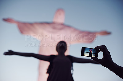 Buy stock photo Jesus, woman or photo of tourist, statue or sculpture for travel, christian faith or holiday. Christ the redeemer, picture or monument for tourism, God or religion symbol in Rio de Janeiro, Brazil