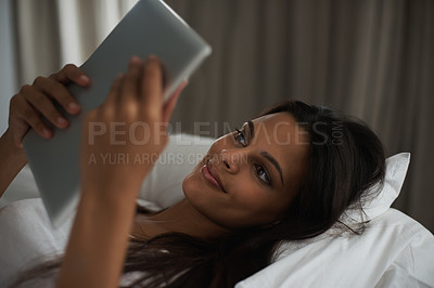 Buy stock photo Bedroom, night and woman online with tablet, social media and technology for connection to app. Bed, smile and communication with mobile, digital and female person on dating site with internet 