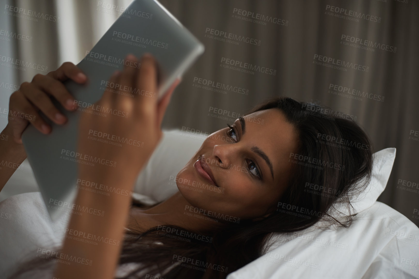 Buy stock photo Bedroom, night and woman online with tablet, social media and technology for connection to app. Bed, smile and communication with mobile, digital and female person on dating site with internet 