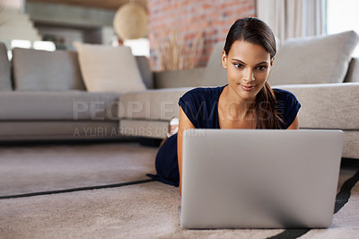 Buy stock photo Female student, smile and floor with laptop, home lounge and computer for social media. Technology, happy or relaxed woman in living room, online or internet for connection and communication