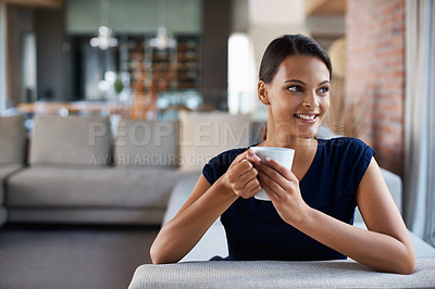 Buy stock photo Happy woman, thinking and drinking coffee in home on sofa to relax, peace or planning at breakfast in the morning. Dream, tea cup and person with idea for espresso, latte and smile in living room