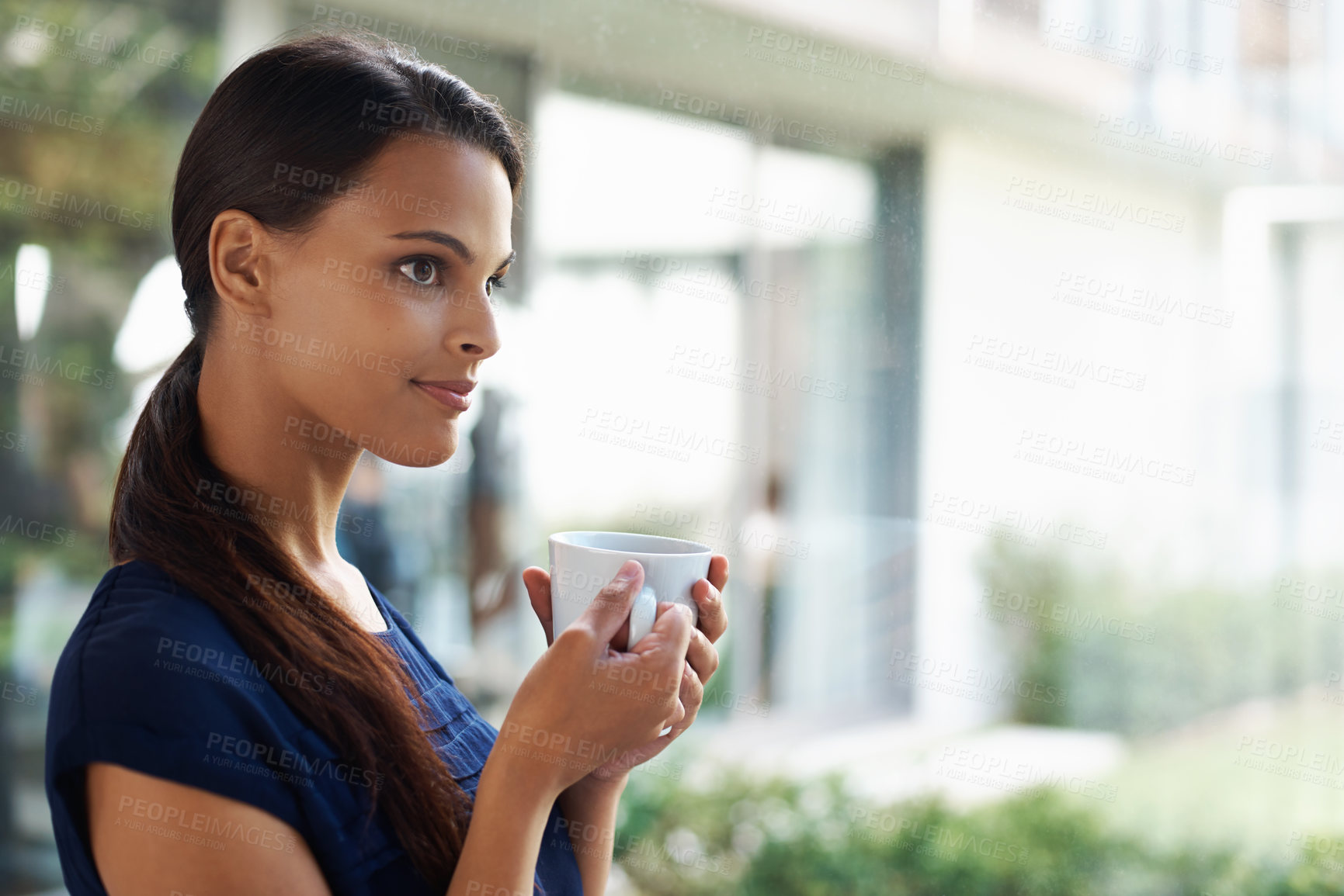 Buy stock photo Woman, thinking and drinking coffee in home to relax, peace or calm at breakfast for energy in the morning. Dream, tea cup or person with espresso, latte or hot healthy beverage for wellness in house