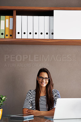Buy stock photo Laptop, portrait and business woman in administration for planning, editing and email in workplace. Smile, arms crossed and happy secretary ready for online project, startup and creative research