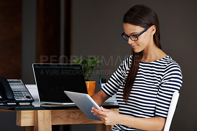 Buy stock photo Woman, office and technology at desk for work as legal secretary with tablet to manage or schedule meetings with clients. Personal assistant, online and organize appointment with digital touchscreen.