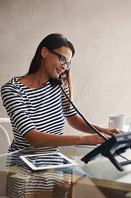 Buy stock photo Woman, phone or typing for sales, customer support or feedback in reception office in San Diego. Virtual assistant on call for schedule, administration and consultation in telemarketing business