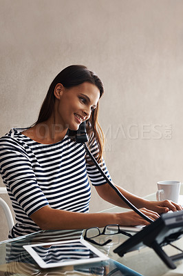 Buy stock photo Woman, phone or typing for sales, customer service or feedback in reception office in Melbourne. Virtual assistant on call for schedule, administration and technical support in telemarketing business