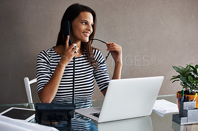 Buy stock photo Receptionist, telephone and laptop at desk with phone call for discussion, smile and conversation with client. Technology, table and woman at workplace with thinking, customer service or admin