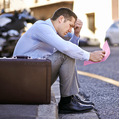 Buy stock photo Businessman, worry or job loss in street with letter, stress or thinking of career crisis. Salesman, pink slip or mental health or anxiety of work performance or fired with termination of contract
