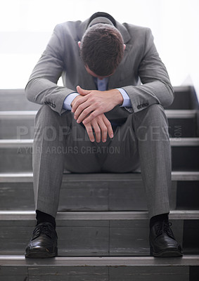 Buy stock photo Businessman, failure or job loss in company or sad, rejection or thinking of career crisis. Salesman, sad and mental health on staircase for fired, worry and depression for termination of contract