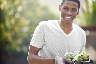 Buy stock photo Black man, sustainability and flower growth in nature for space, environment development and smile. Plant, growing and sustainable eco friendly of a person with mockup, community for climate change 