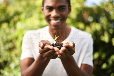 Buy stock photo Black man portrait, sustainability and plant growth in nature for gardener, environment development and dirt. Soil, growing and sustainable eco friendly work of a person with care, smile and outdoor