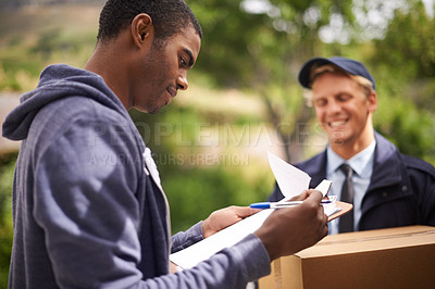Buy stock photo Courier, men and client signing for a delivery, clipboard and product with industry and box. People, service and employee with a customer and document with shipping and post with paperwork and stock