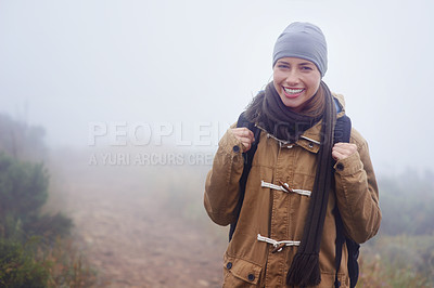 Buy stock photo Happy woman, hiking and portrait in nature, winter and morning fitness for travel in environment. Healthy, person or positive face for outdoor exercise, strong or walking for trip in sweden mountain