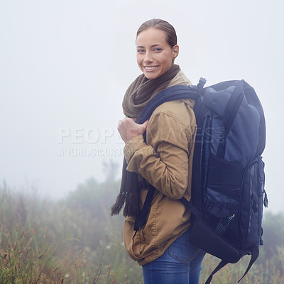 Buy stock photo Happy woman, hiking and portrait in nature with backpack and morning fitness for adventure in mountain. Young person, positive and face in outdoor exercise and walk on journey in sweden countryside