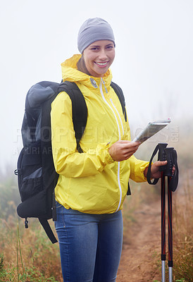 Buy stock photo Hiking, portrait or happy woman with map, guide or trekking pole in nature for adventure. Backpacking, face or lady explorer in forest for navigation, paper or direction documents for location search